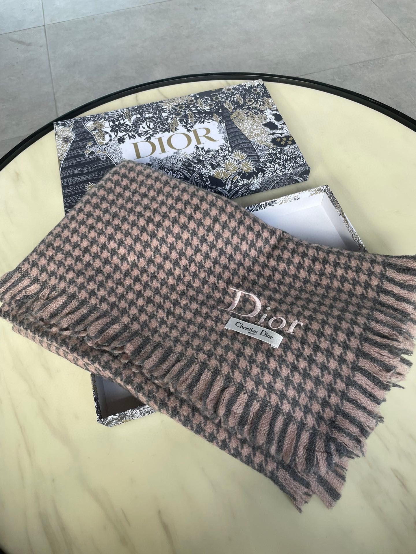 HOUNDSTOOTH SCARF 200 CM IN CAMEL BROWN WOOL 416827 mysite