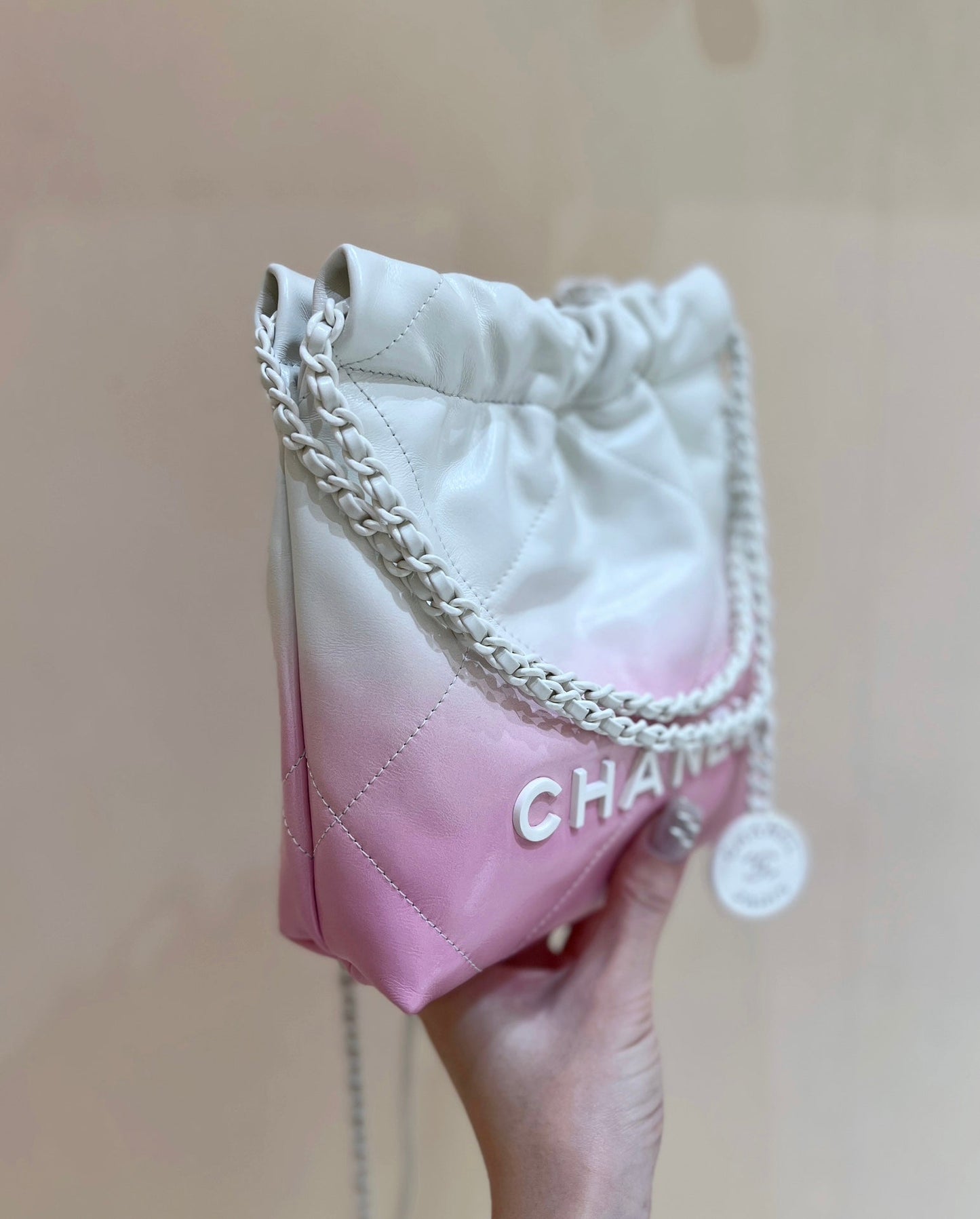 cc22 mini hobo bag 20cm pink white lambskin silver hardware mysite