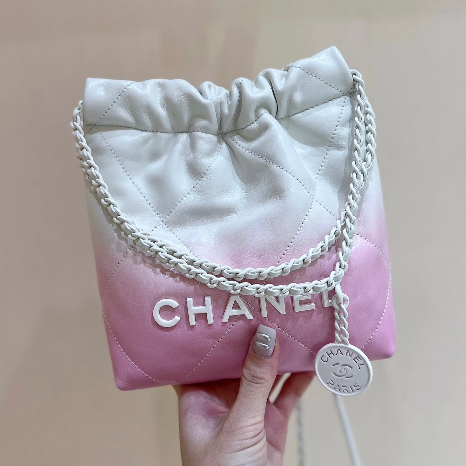cc22 mini hobo bag 20cm pink white lambskin silver hardware mysite