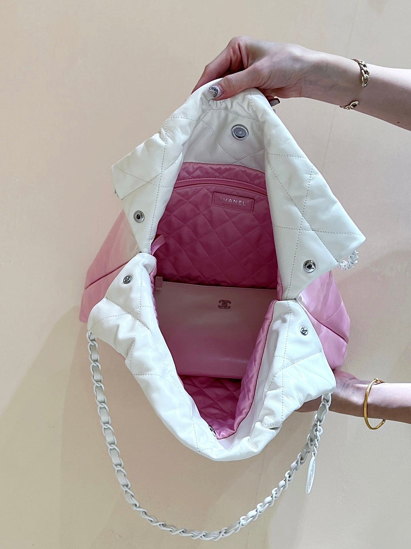 cc22 hobo bag pink white lambskin silver hardware mysite