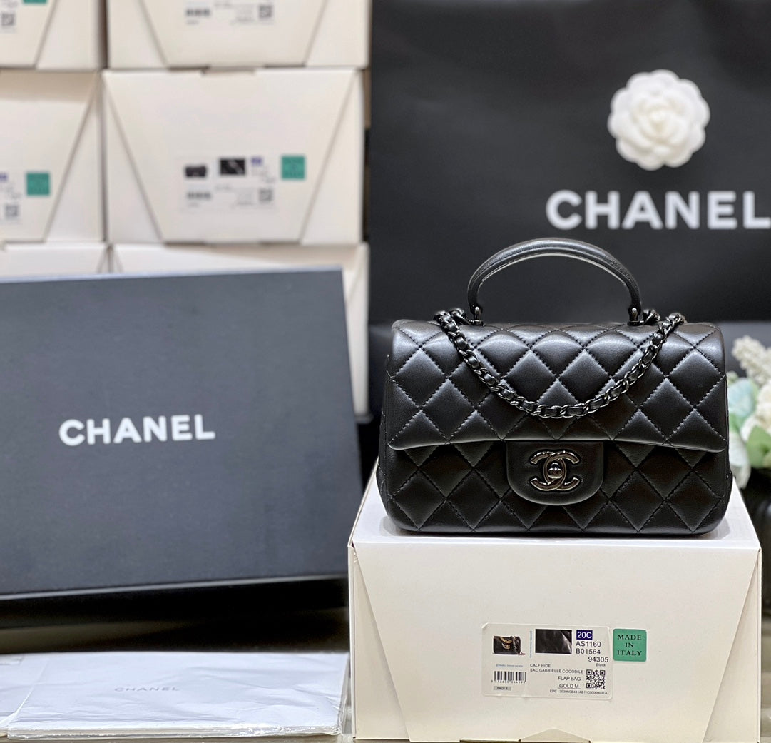 25C Mini Flap Bag Top Handle 20cm Black Lambskin Black Hardware mysite