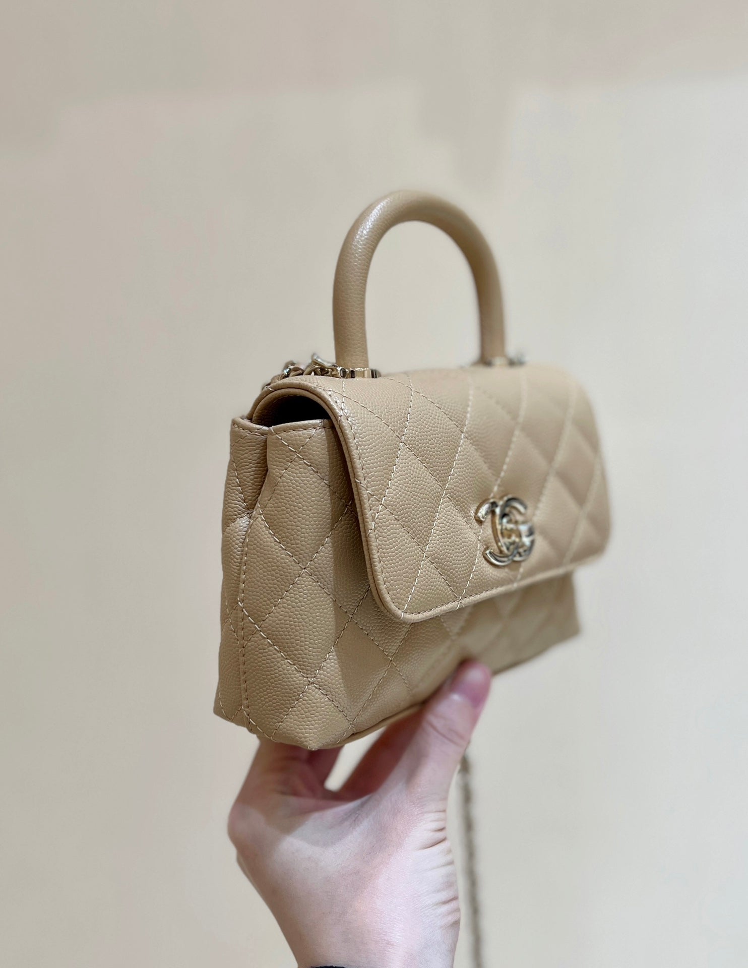 CC 24K Coco Hanle Nano 18cm Beige Grained Calfskin Gold Hardware mysite