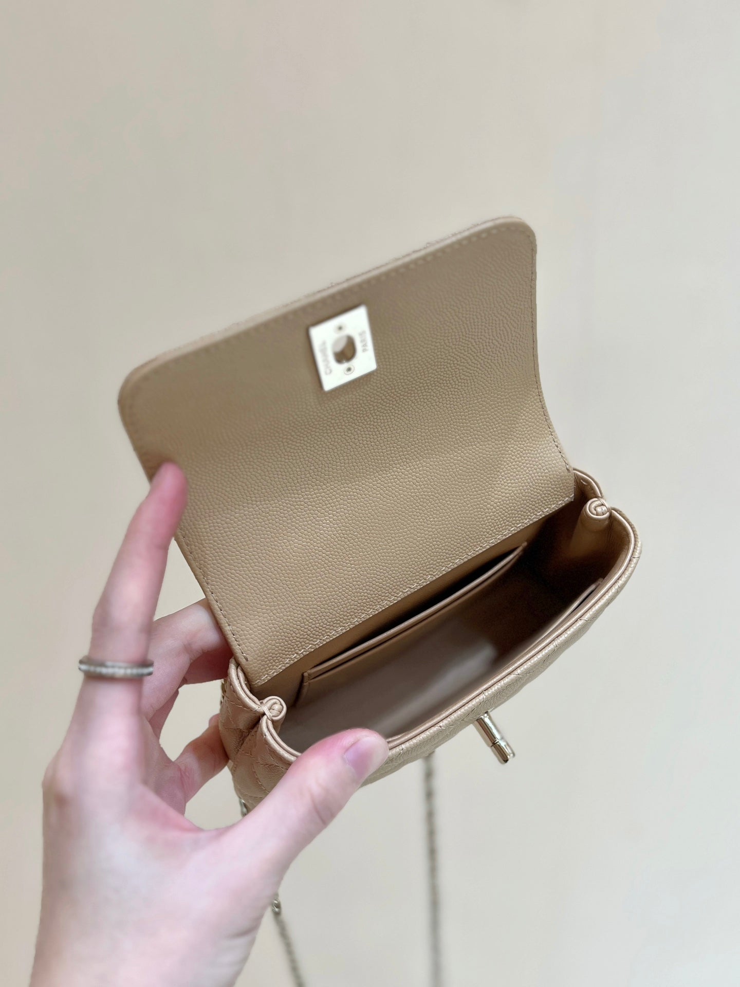 CC 24K Coco Hanle Nano 18cm Beige Grained Calfskin Gold Hardware mysite
