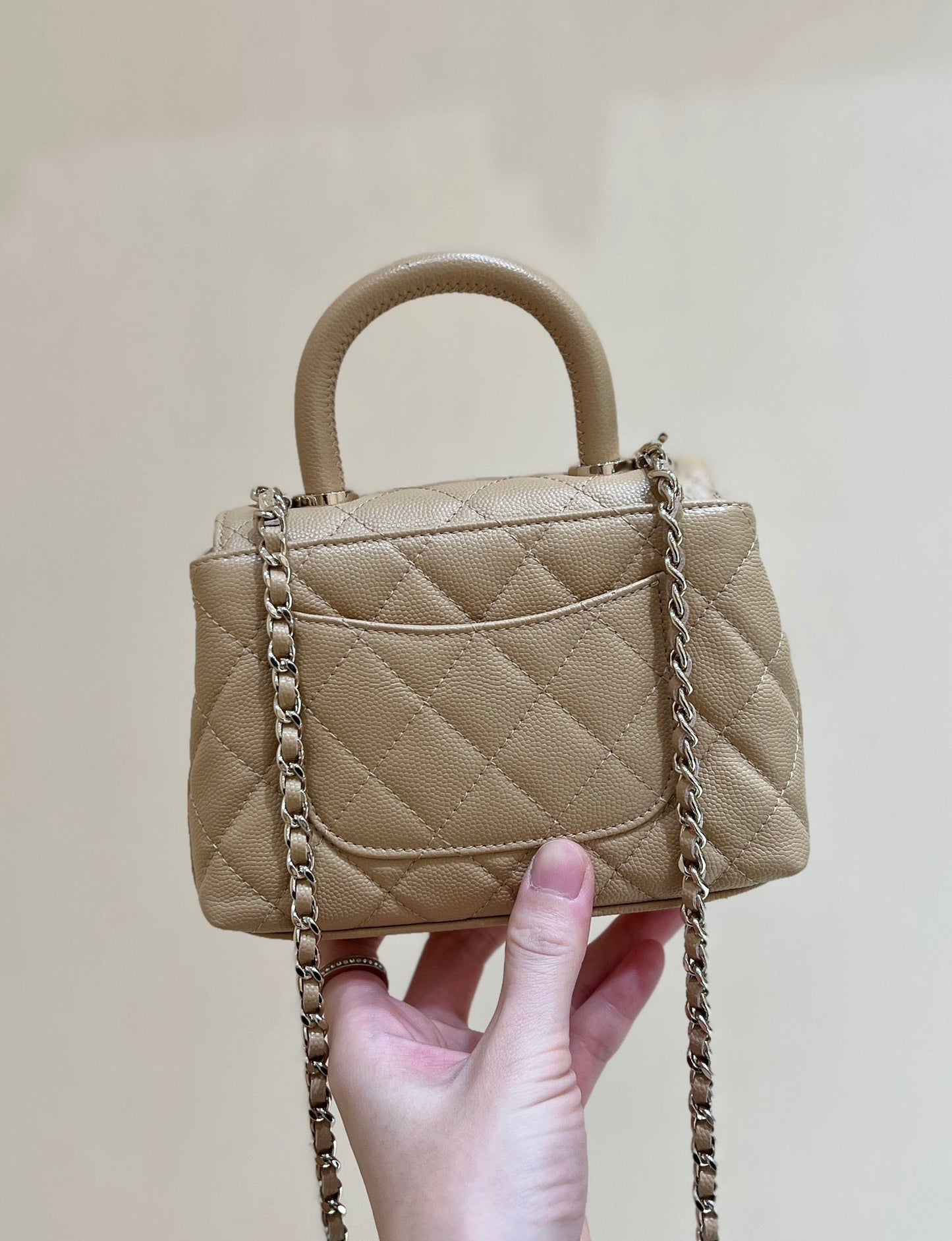 CC 24K Coco Hanle Nano 18cm Beige Grained Calfskin Gold Hardware mysite