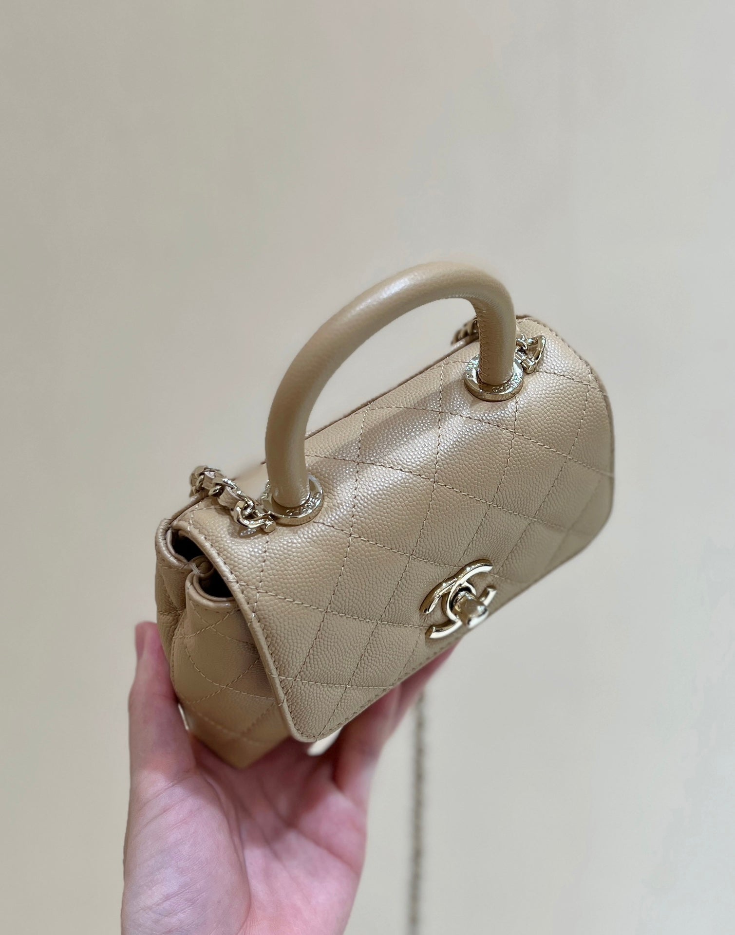 CC 24K Coco Hanle Nano 18cm Beige Grained Calfskin Gold Hardware mysite