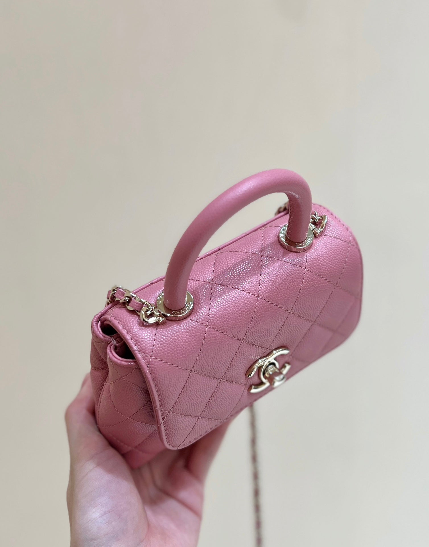 CC 24K Coco Hanle Nano 18cm Pink Grained Calfskin Gold Hardware mysite