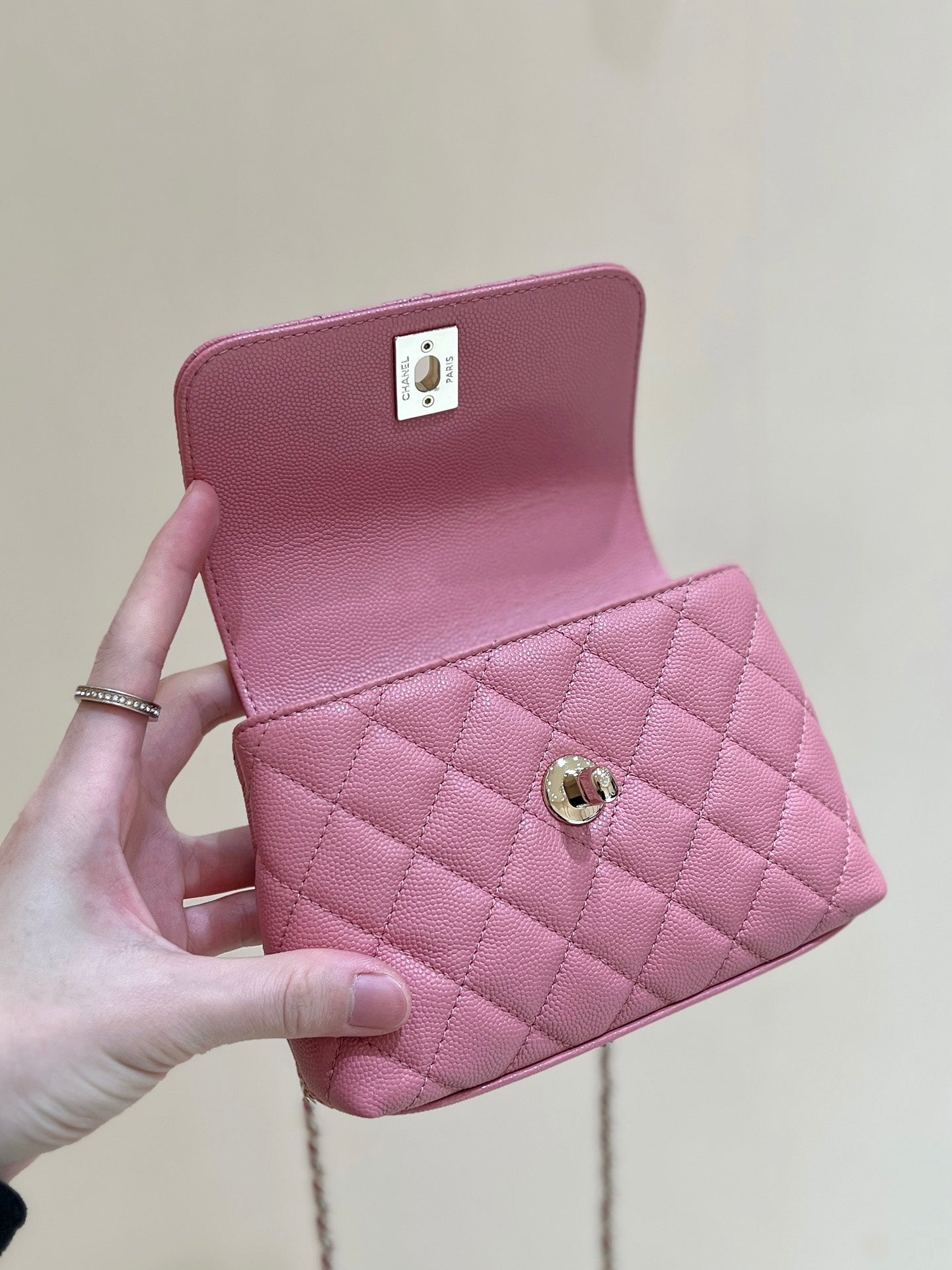 CC 24K Coco Hanle Nano 18cm Pink Grained Calfskin Gold Hardware mysite