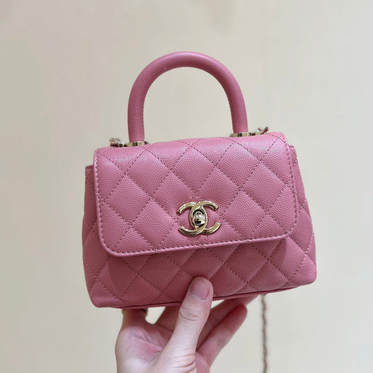 CC 24K Coco Hanle Nano 18cm Pink Grained Calfskin Gold Hardware mysite