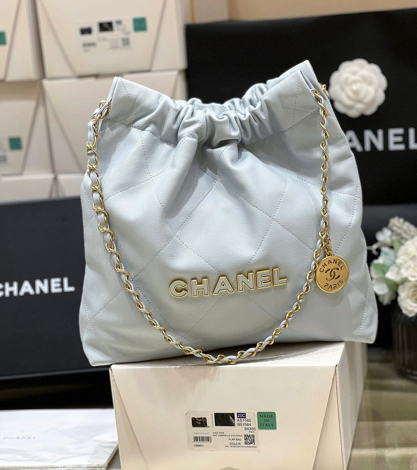 CC 24K Hobo 22 Bag Cloud Blue Grained Calfskin mysite