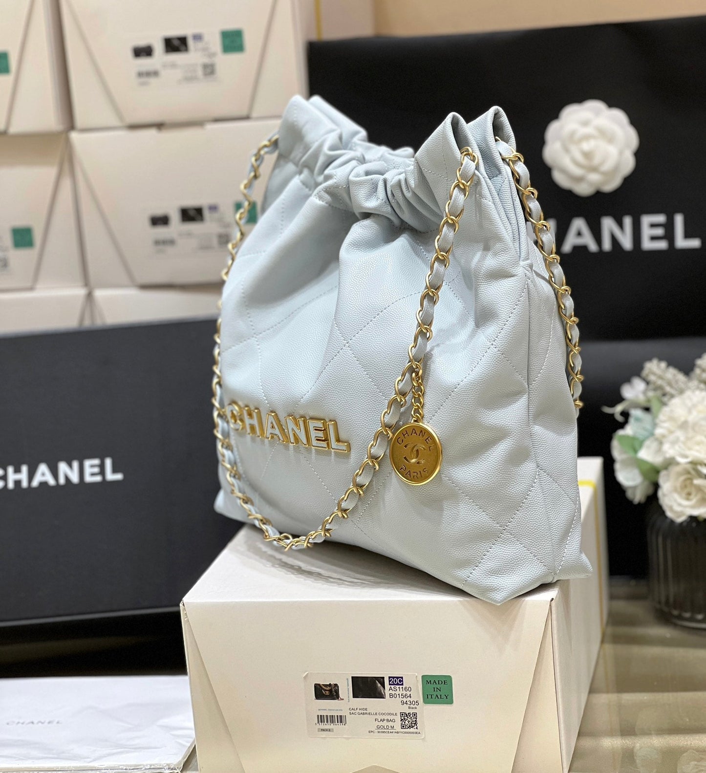CC 24K Hobo 22 Bag Cloud Blue Grained Calfskin mysite
