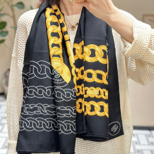 SQUARE SCARF 140 CM IN BLACK MIX GOLD SILK 403987 mysite