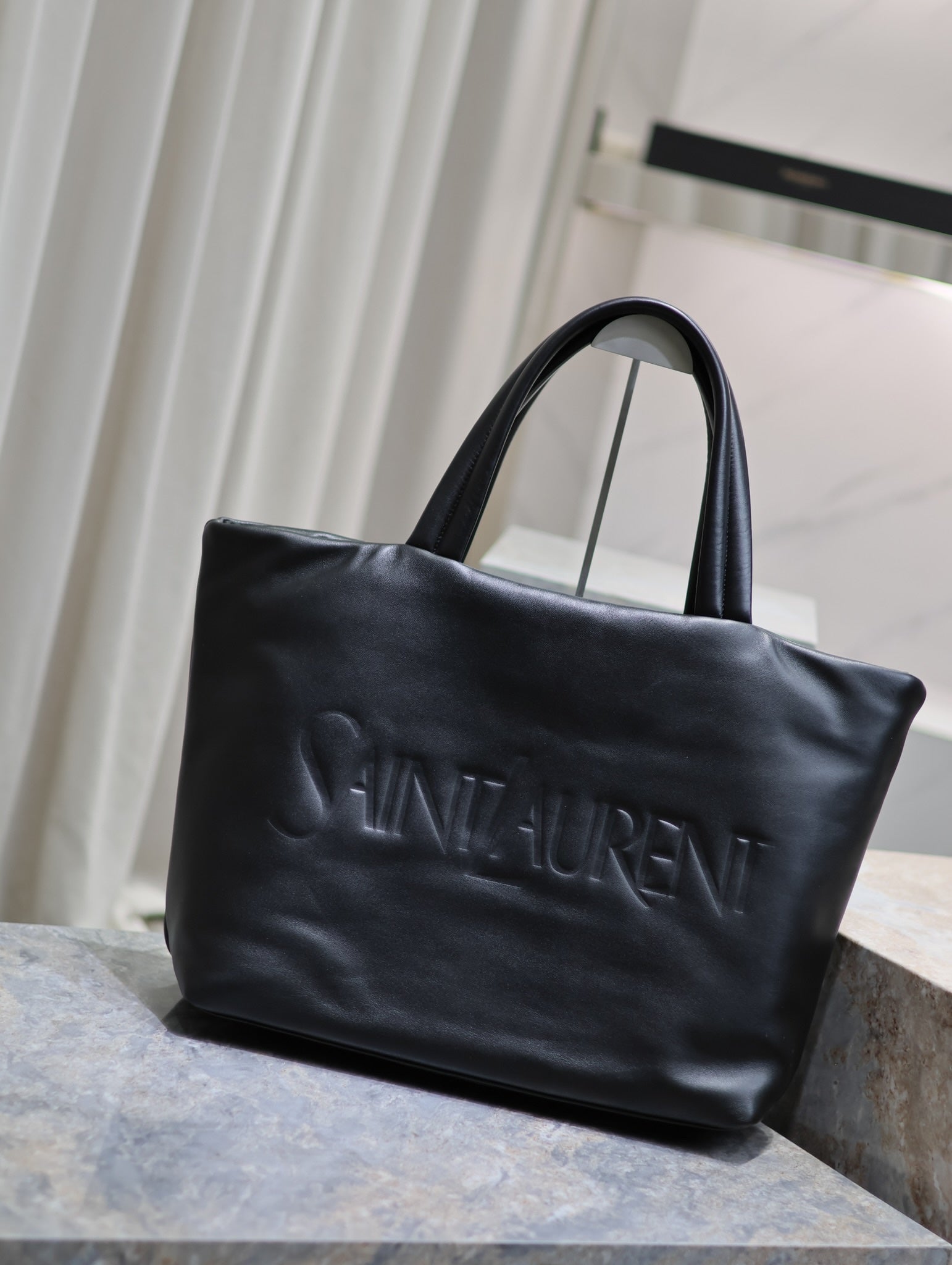 TOTE BAG 50 IN BLACK CALFSKIN WITH EMBOSSED LOGO mysite