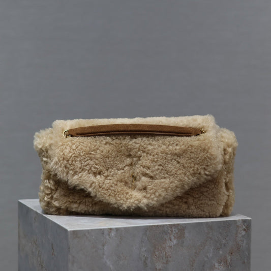 CALYPSO BAG 26 IN BEIGE SHEARLING WITH BROWN SUEDE HANDLE mysite