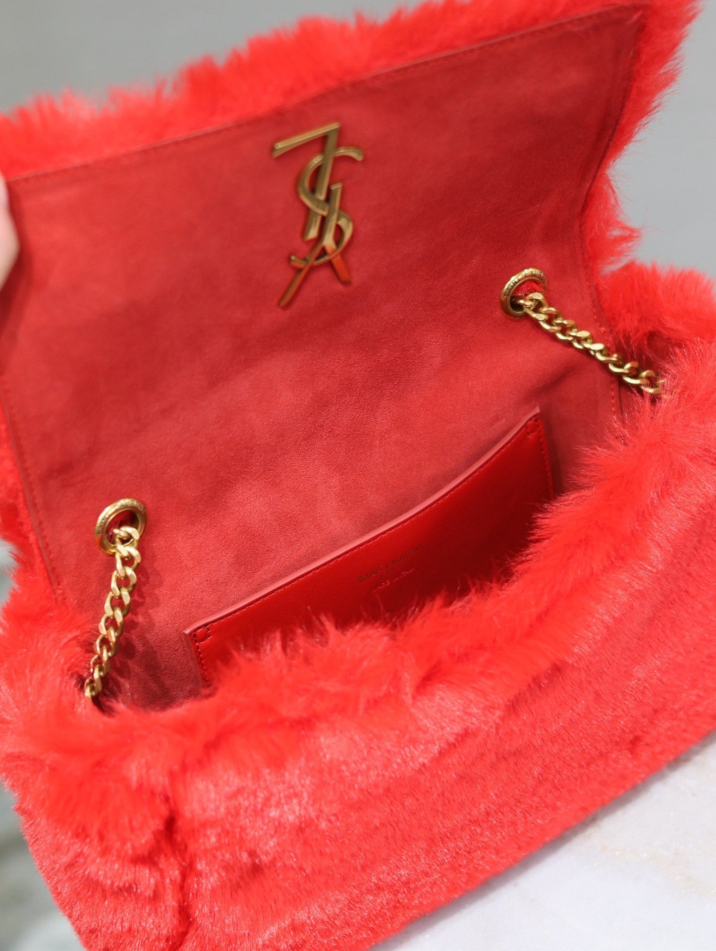 KATE SMALL BAG 22 IN SCARLET RED RABBIT FUR GOLD CHAIN mysite