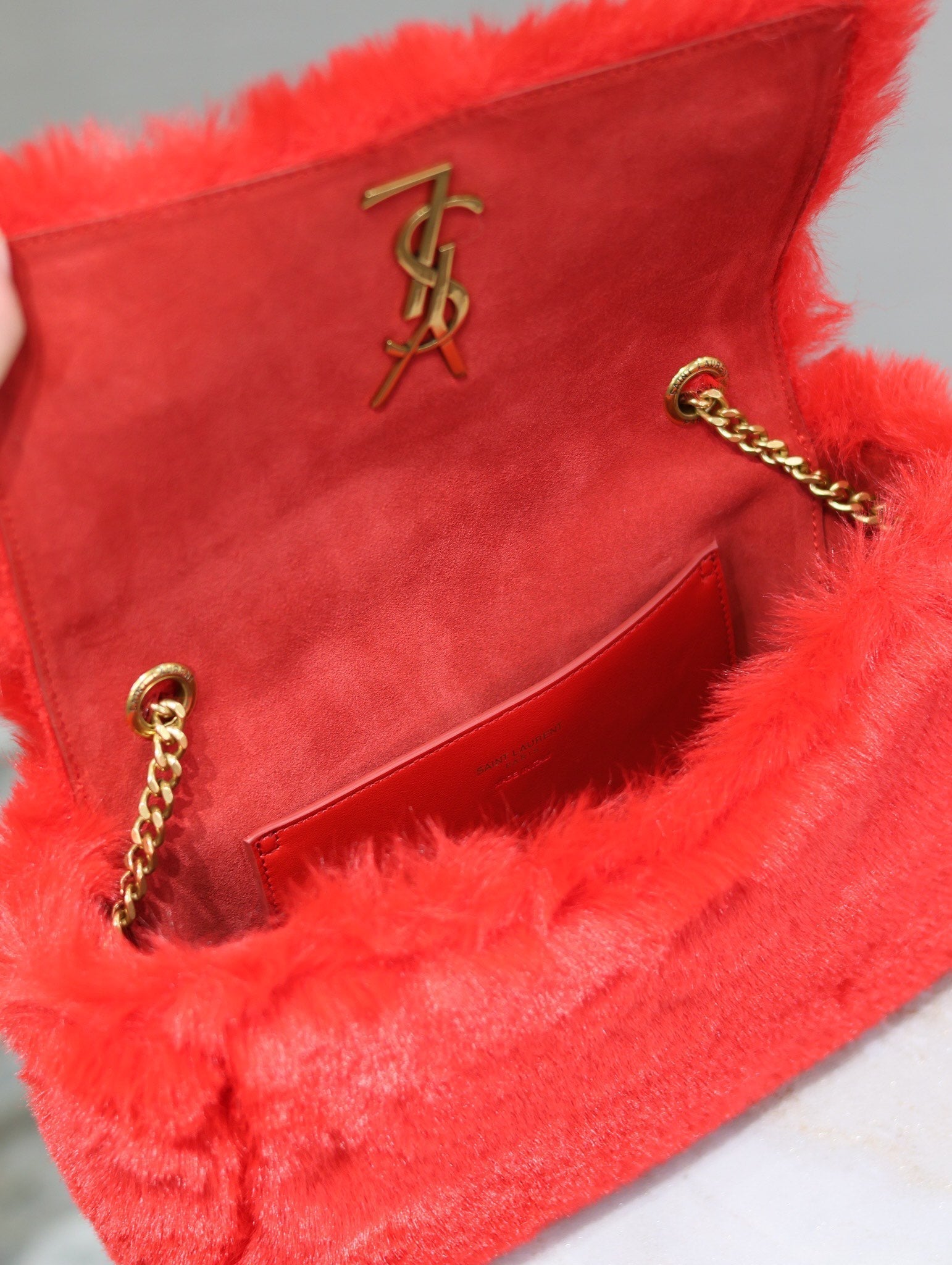 KATE SMALL BAG 22 IN SCARLET RED RABBIT FUR GOLD CHAIN mysite