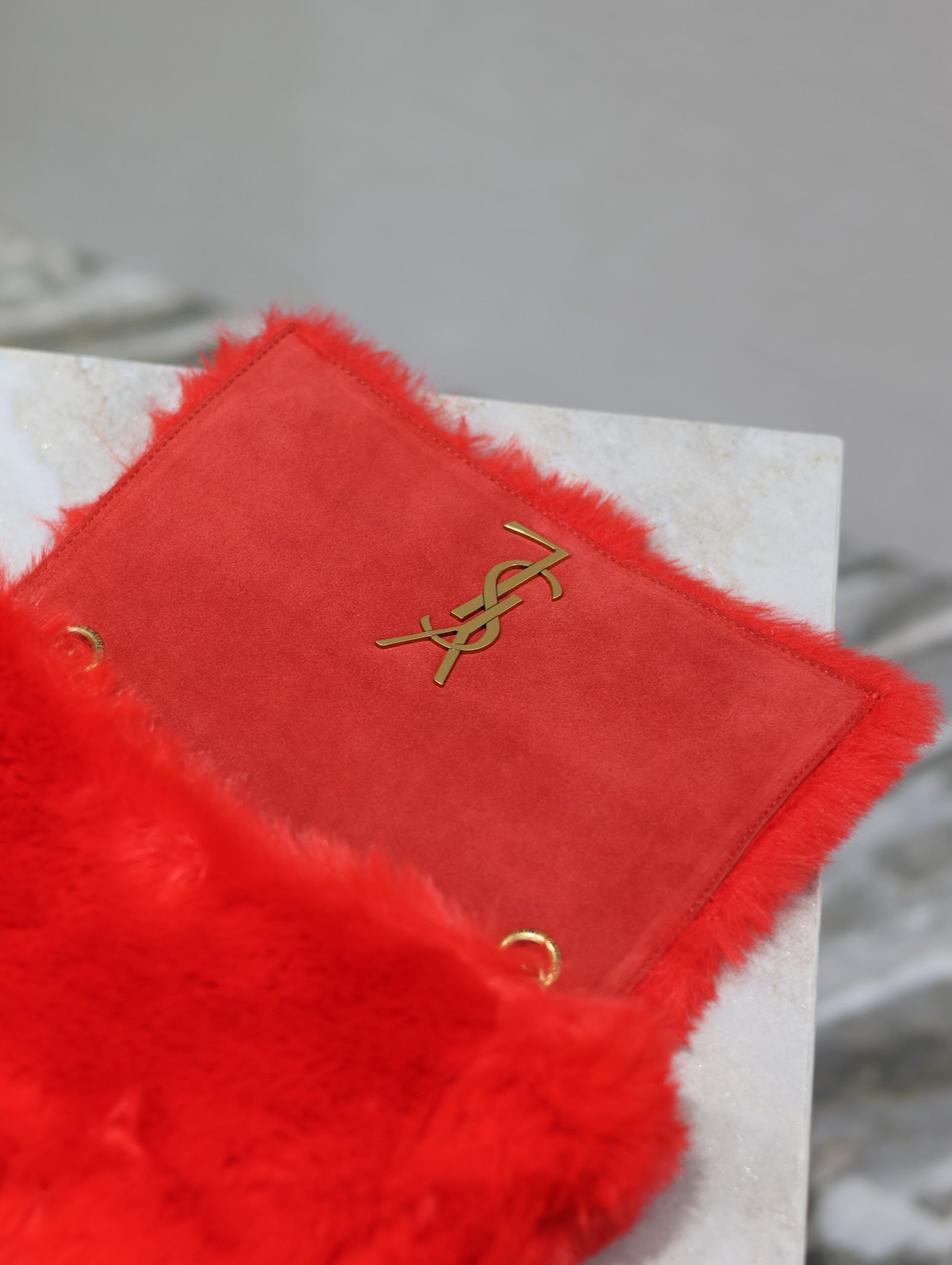 KATE SMALL BAG 22 IN SCARLET RED RABBIT FUR GOLD CHAIN mysite