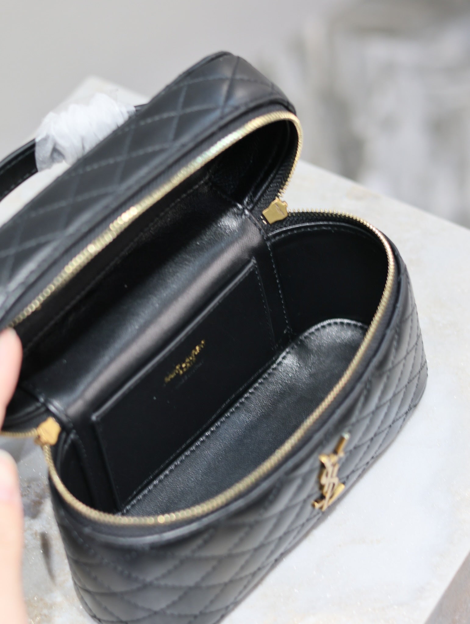 GABY MINI VANITY 18 IN BLACK QUILTED LAMBSKIN GOLD HARDWARE mysite