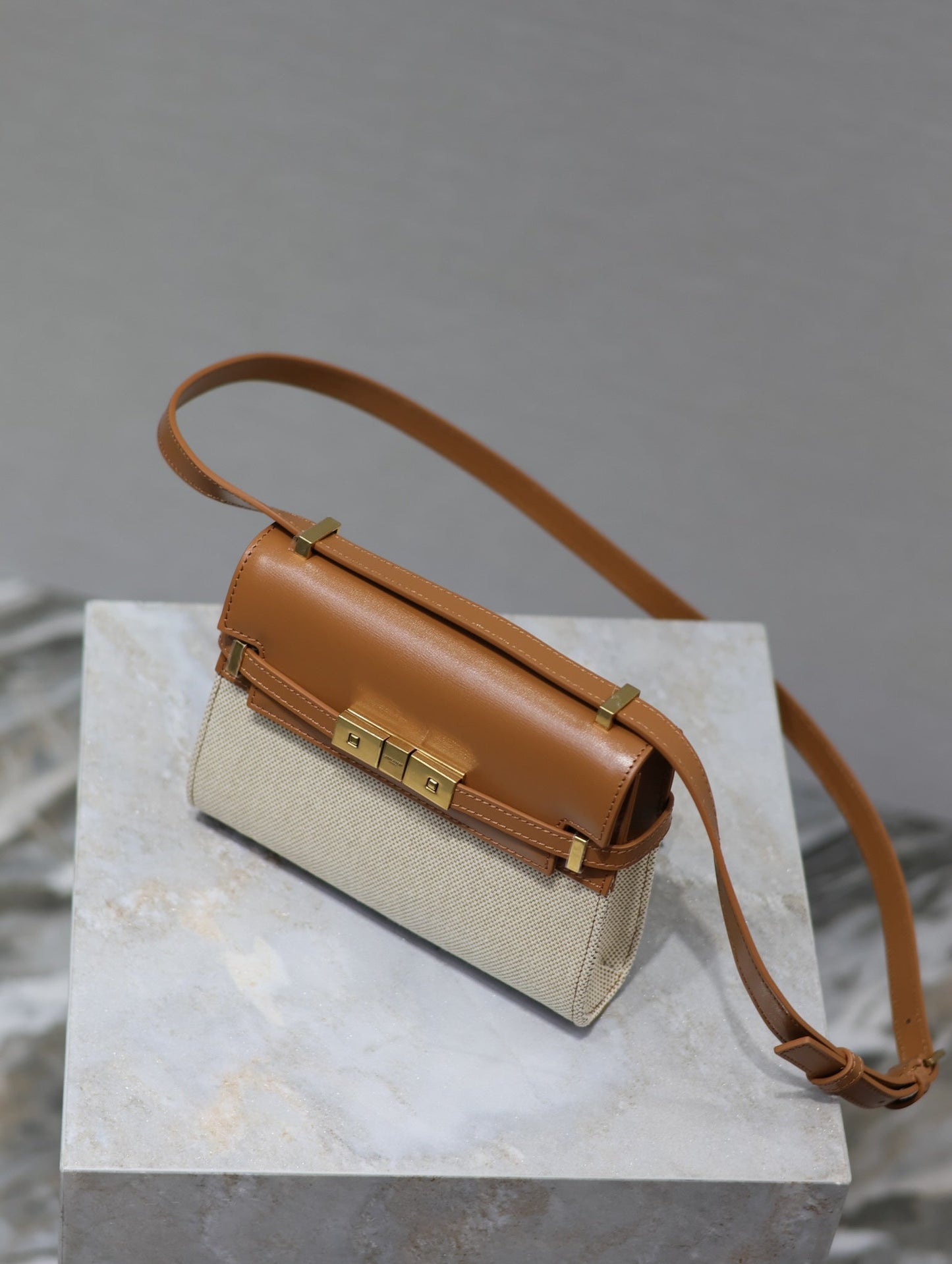 MANHATTAN MINI 19 IN WHITE CANVAS AND BROWN LAMBSKIN GOLD BUCKLE mysite
