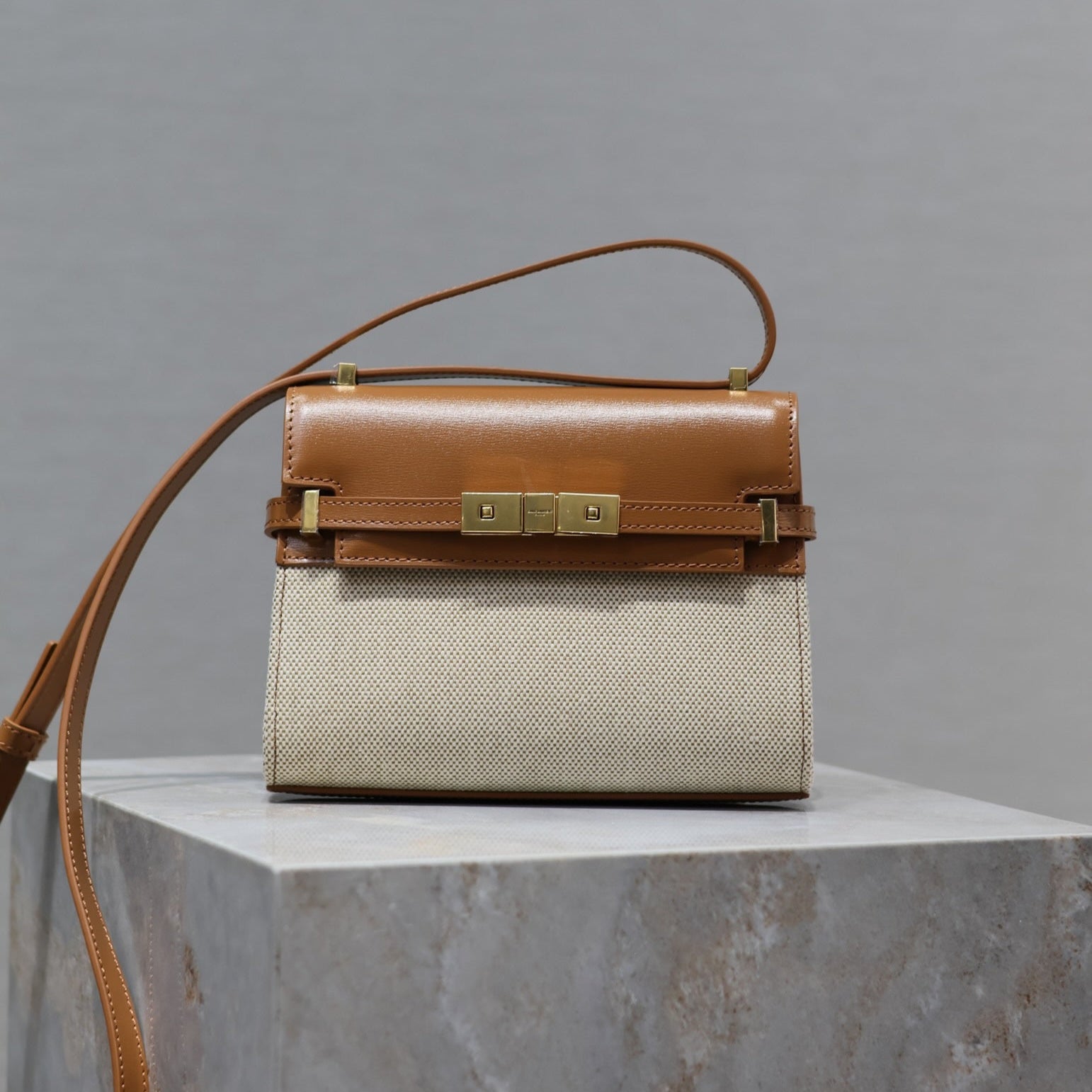 MANHATTAN MINI 19 IN WHITE CANVAS AND BROWN LAMBSKIN GOLD BUCKLE mysite