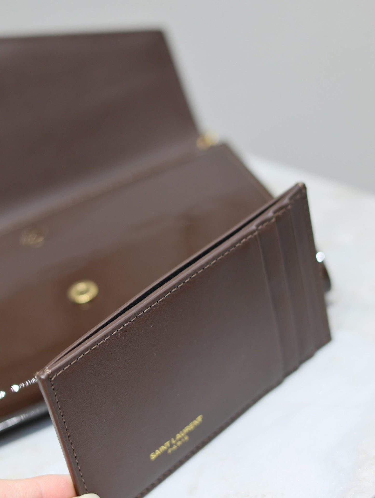 uptown chain wallet 19cm dark brown patent calfskin mysite