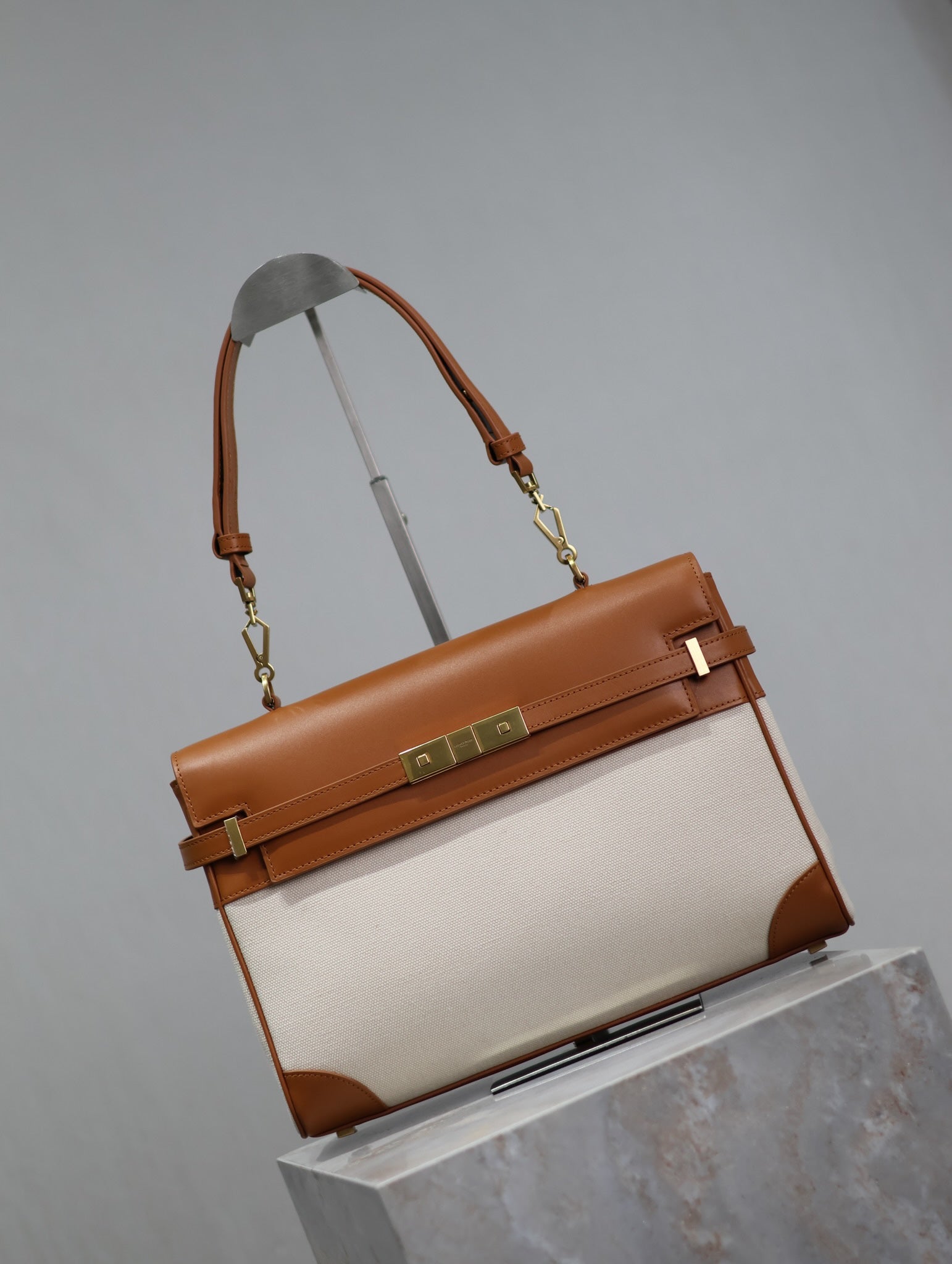 MANHATTAN HANDBAG 32 IN BROWN CALFSKIN AND WHITE CANVAS GOLD HARDWARE mysite