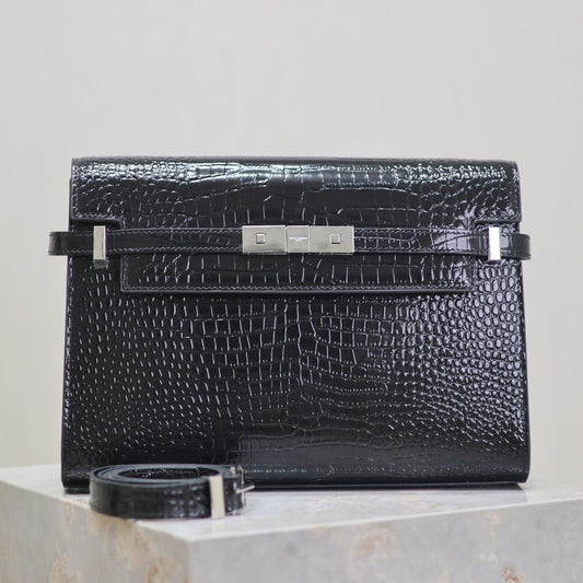 MANHATTAN MEDIUM 29 IN BLACK CROCODILE-EMBOSSED CALFSKIN SILVER BUCKLE mysite