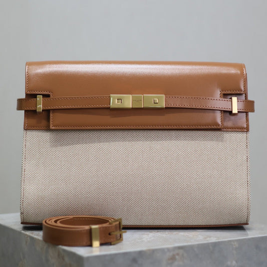 MANHATTAN MEDIUM 29 IN WHITE CANVAS AND BROWN CALFSKIN GOLD BUCKLE mysite