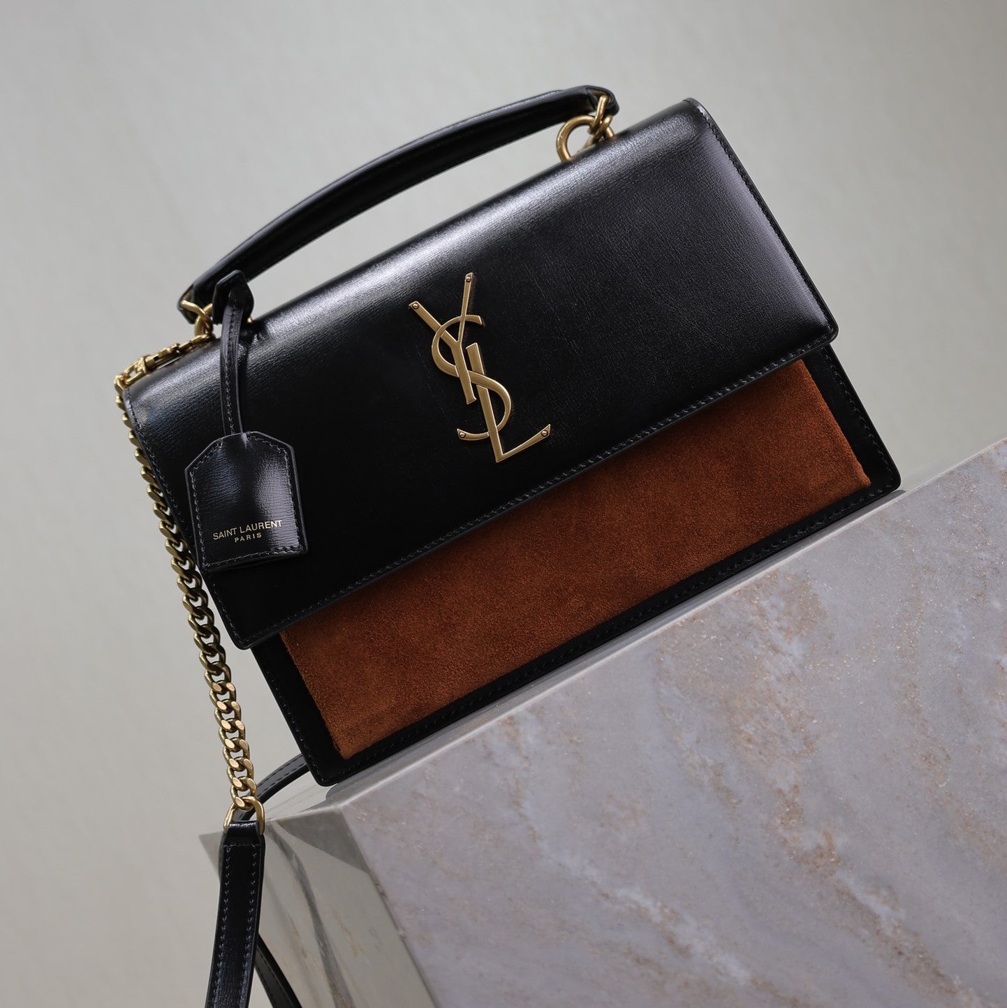 YSL Sunset Handbags 25cm Black Brown Cowhide Suede mysite