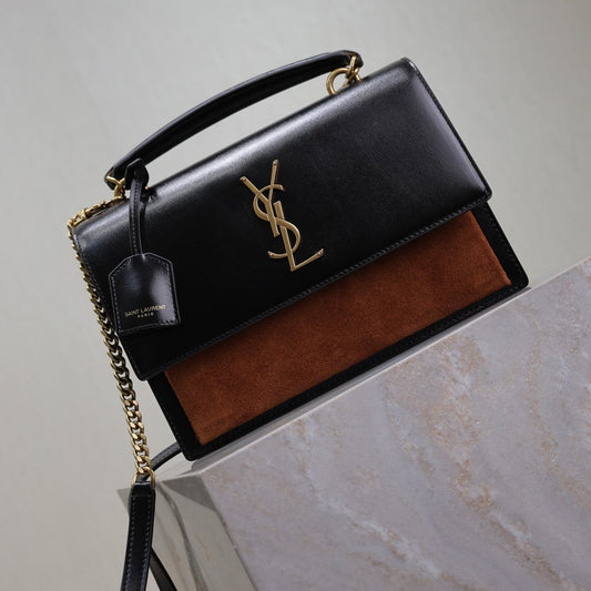 YSL Sunset Handbags 25cm Black Brown Cowhide Suede mysite