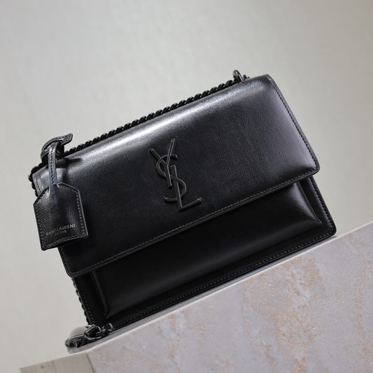YSL Medium Sunset Shoulder Bag 22cm Black Cowhide Black HW mysite