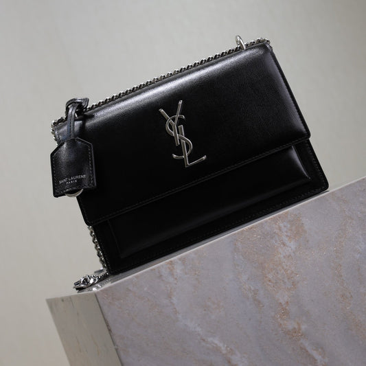 YSL Medium Sunset Shoulder Bag 22cm Black Cowhide Sliver HW mysite
