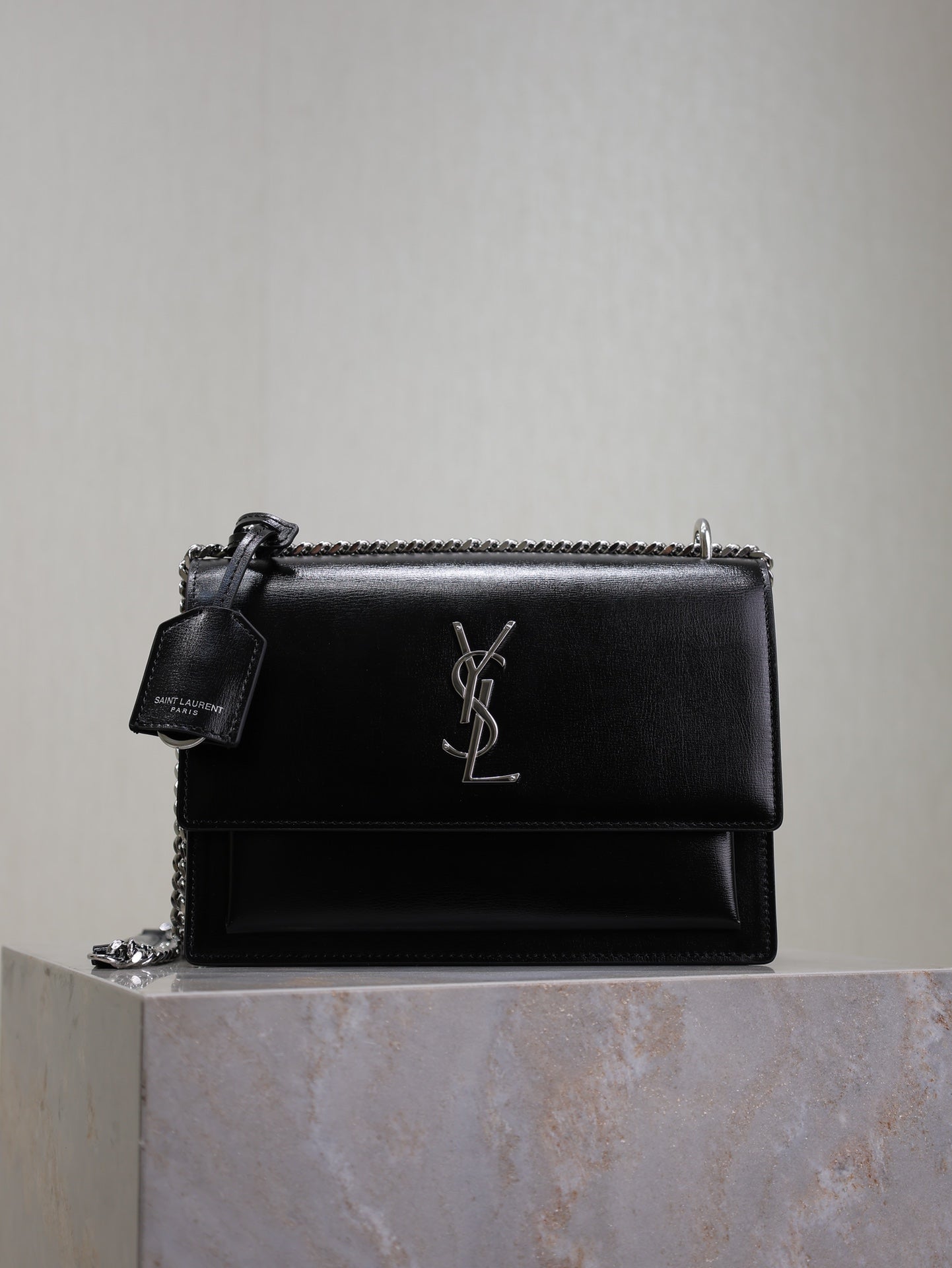 YSL Medium Sunset Shoulder Bag 22cm Black Cowhide Sliver HW mysite