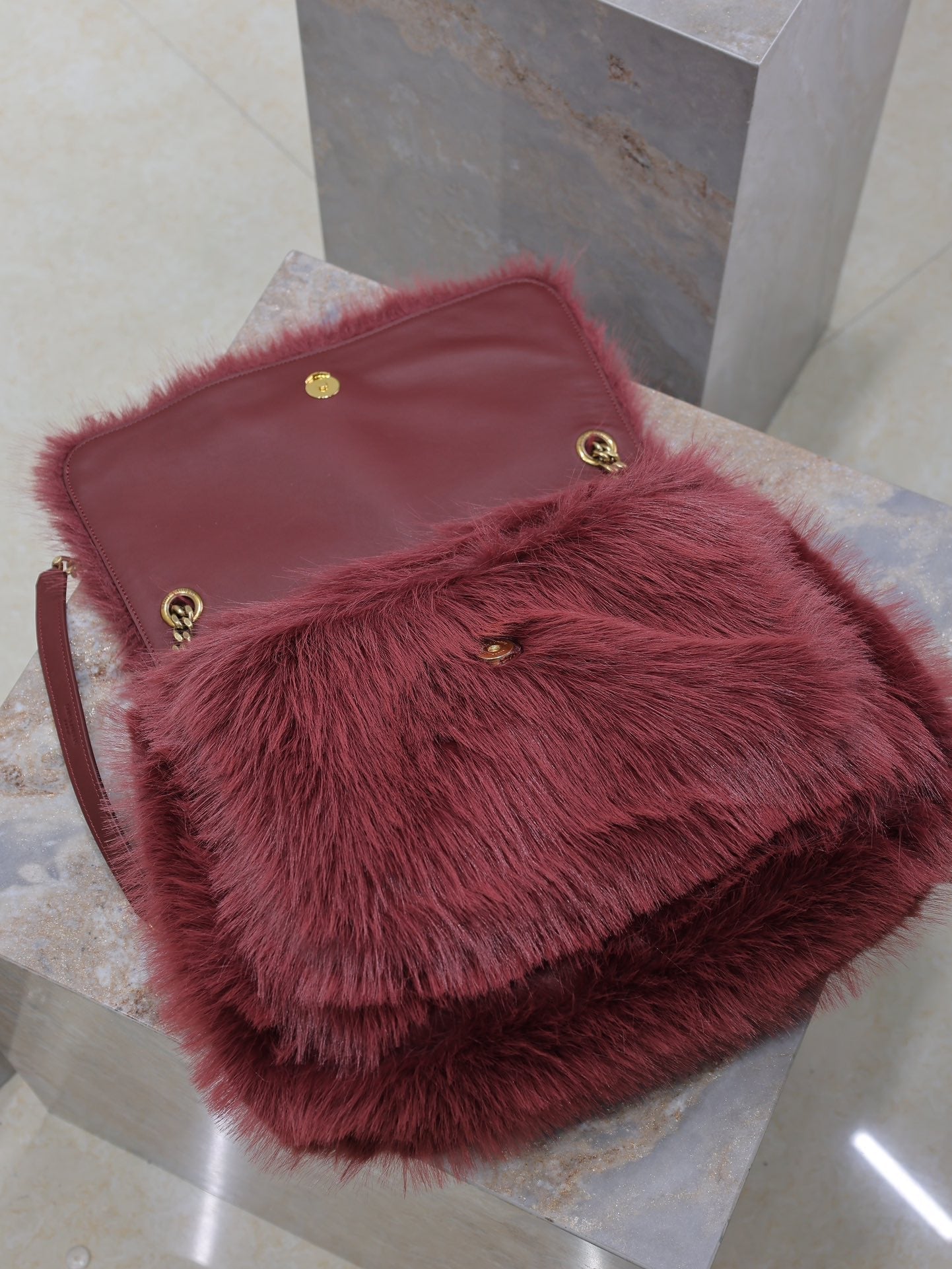 NIKI LARGE 32 IN CURRANT RED RABBIT FUR GOLD HARDWARE mysite
