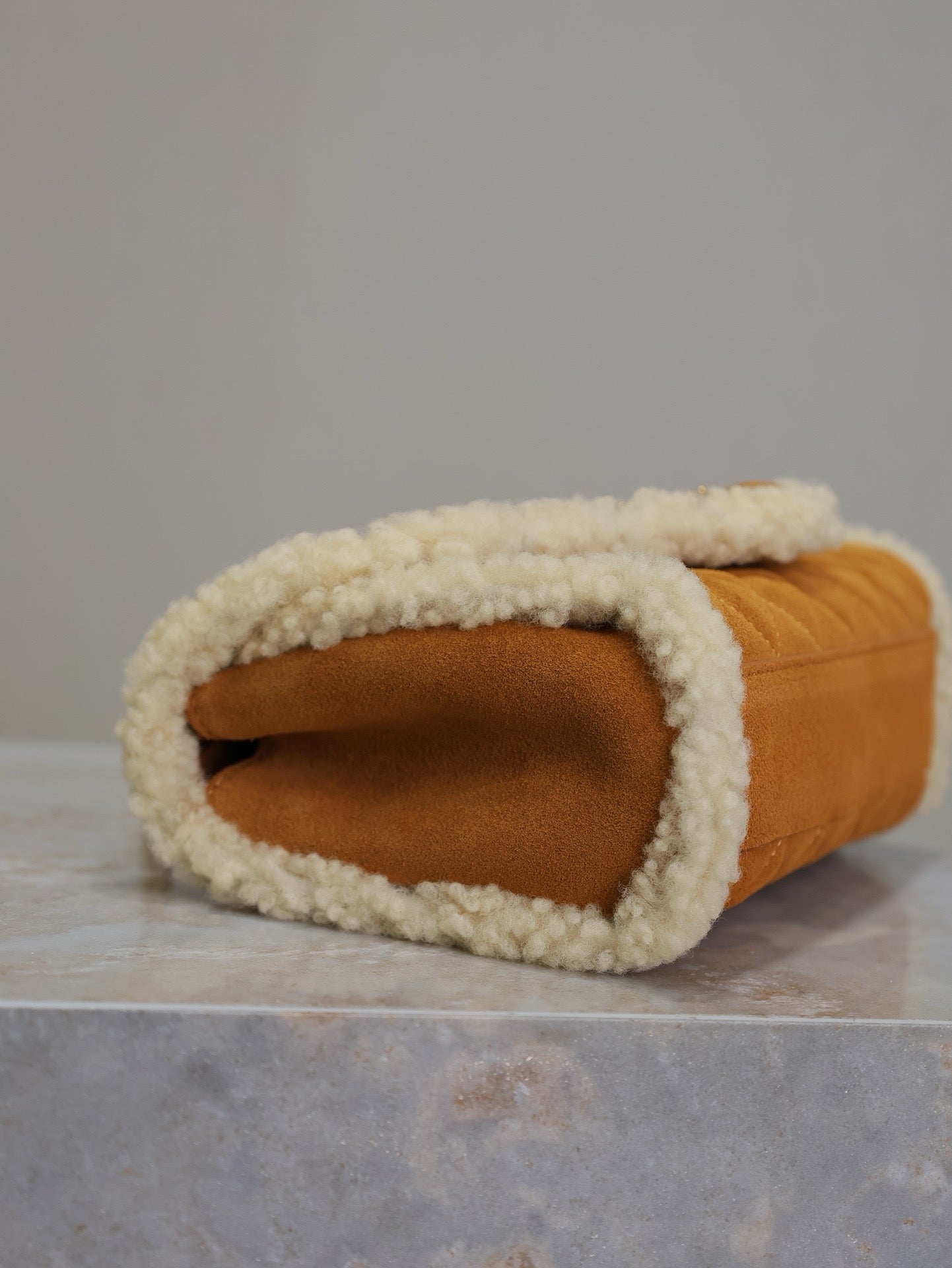 ENVELOPE CHAIN BAG 21 IN BRONZE BROWN SUEDE AND WHITE SHEARLING TRIM GOLD HARDWARE mysite