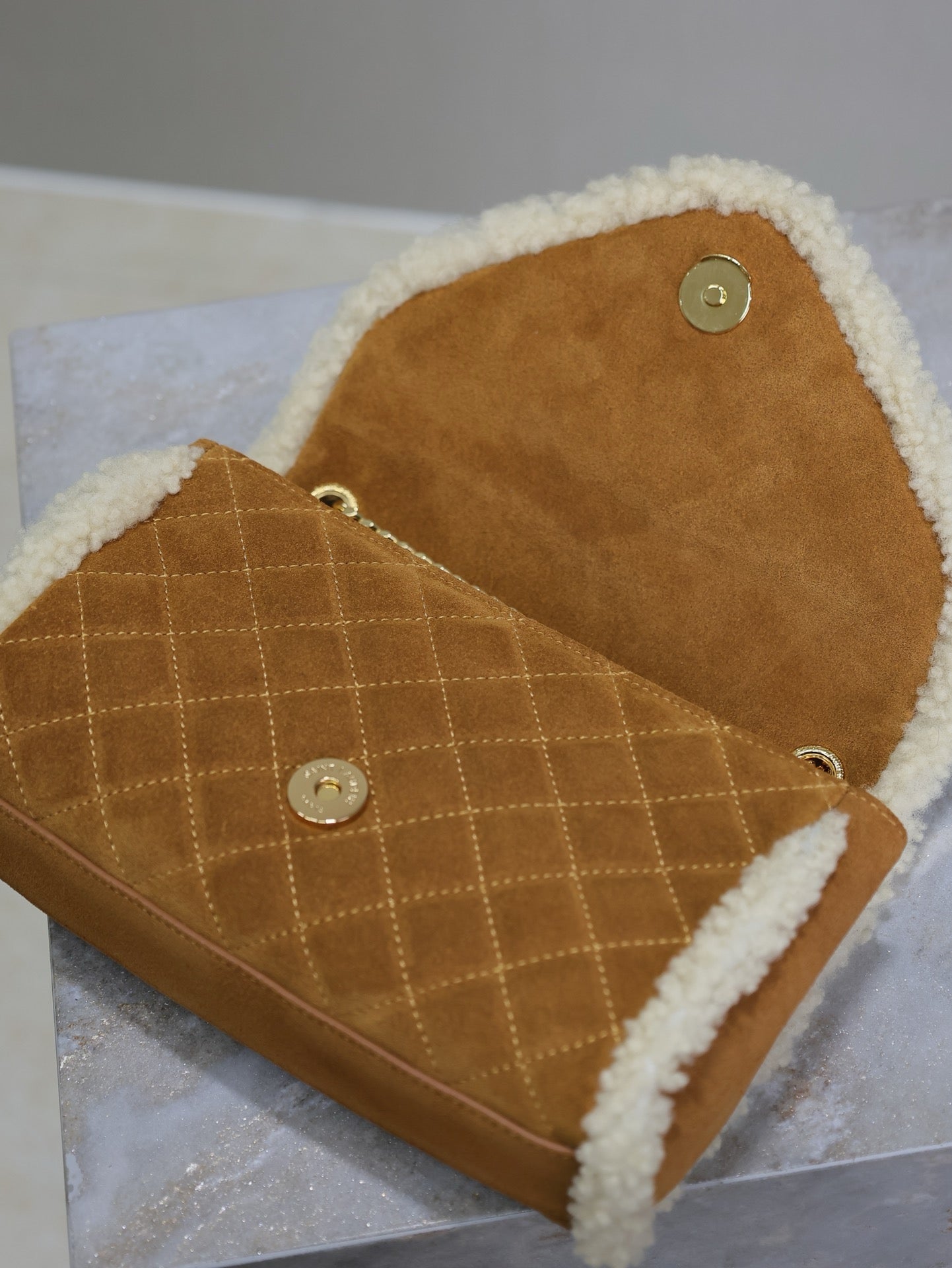 ENVELOPE CHAIN BAG 21 IN BRONZE BROWN SUEDE AND WHITE SHEARLING TRIM GOLD HARDWARE mysite