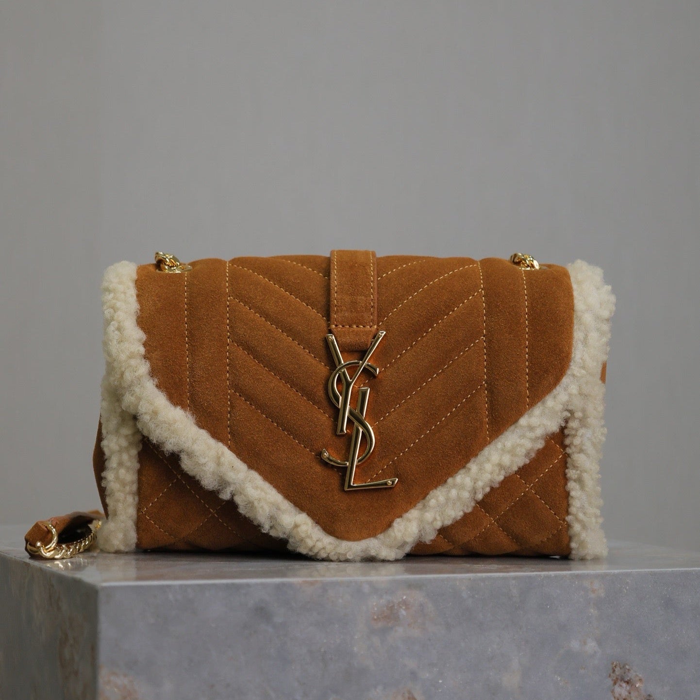 ENVELOPE CHAIN BAG 21 IN BRONZE BROWN SUEDE AND WHITE SHEARLING TRIM GOLD HARDWARE mysite