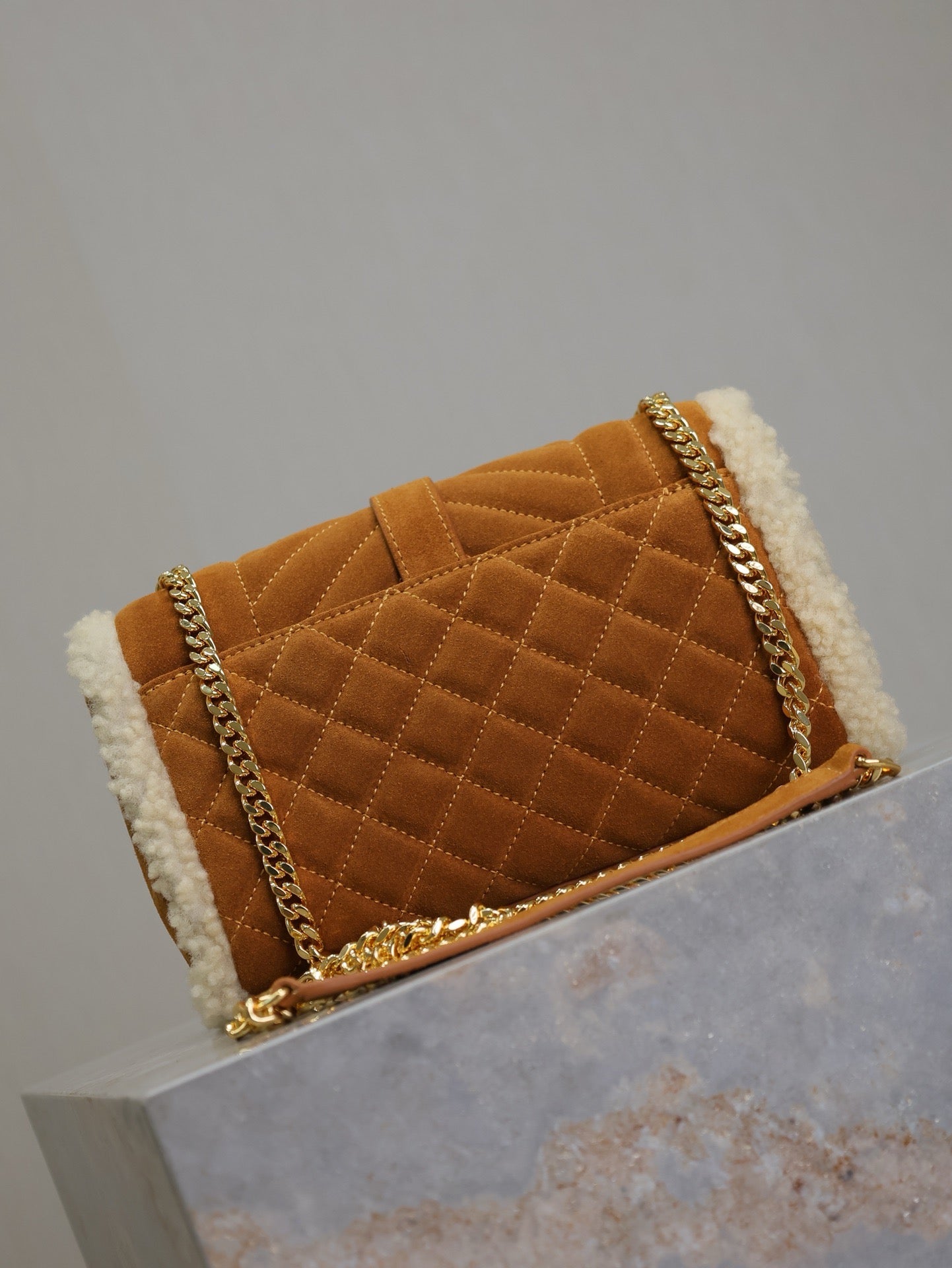 ENVELOPE CHAIN BAG 21 IN BRONZE BROWN SUEDE AND WHITE SHEARLING TRIM GOLD HARDWARE mysite