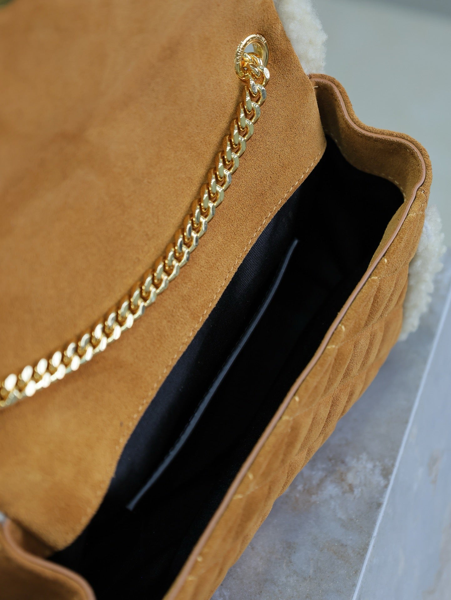 ENVELOPE CHAIN BAG 21 IN BRONZE BROWN SUEDE AND WHITE SHEARLING TRIM GOLD HARDWARE mysite