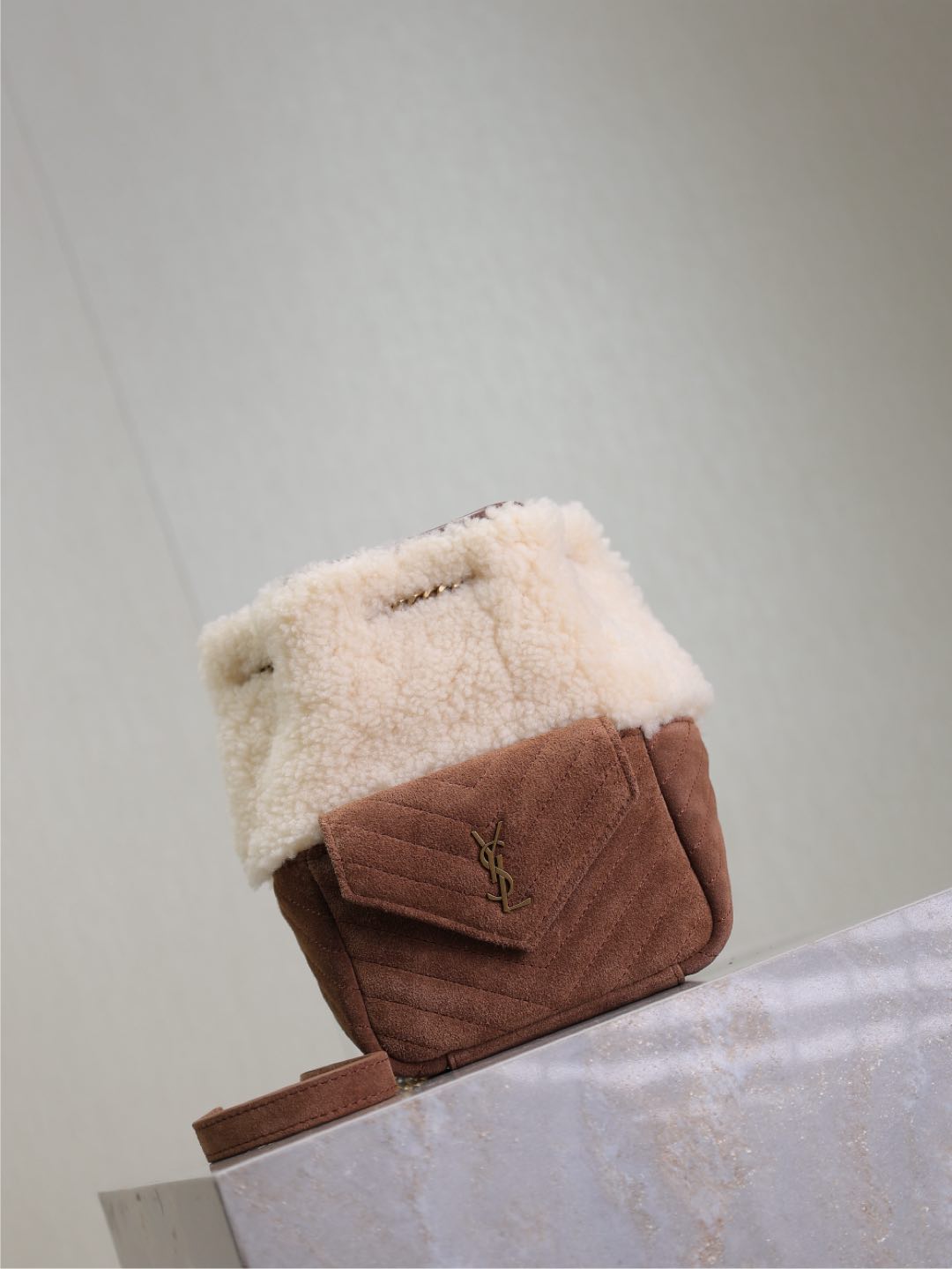 JOE MINI BUCKET BAG 19 IN WHITE SHEARLING AND BROWN SUEDE mysite