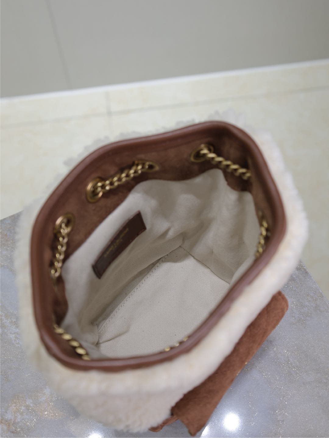 JOE MINI BUCKET BAG 19 IN WHITE SHEARLING AND BROWN SUEDE mysite