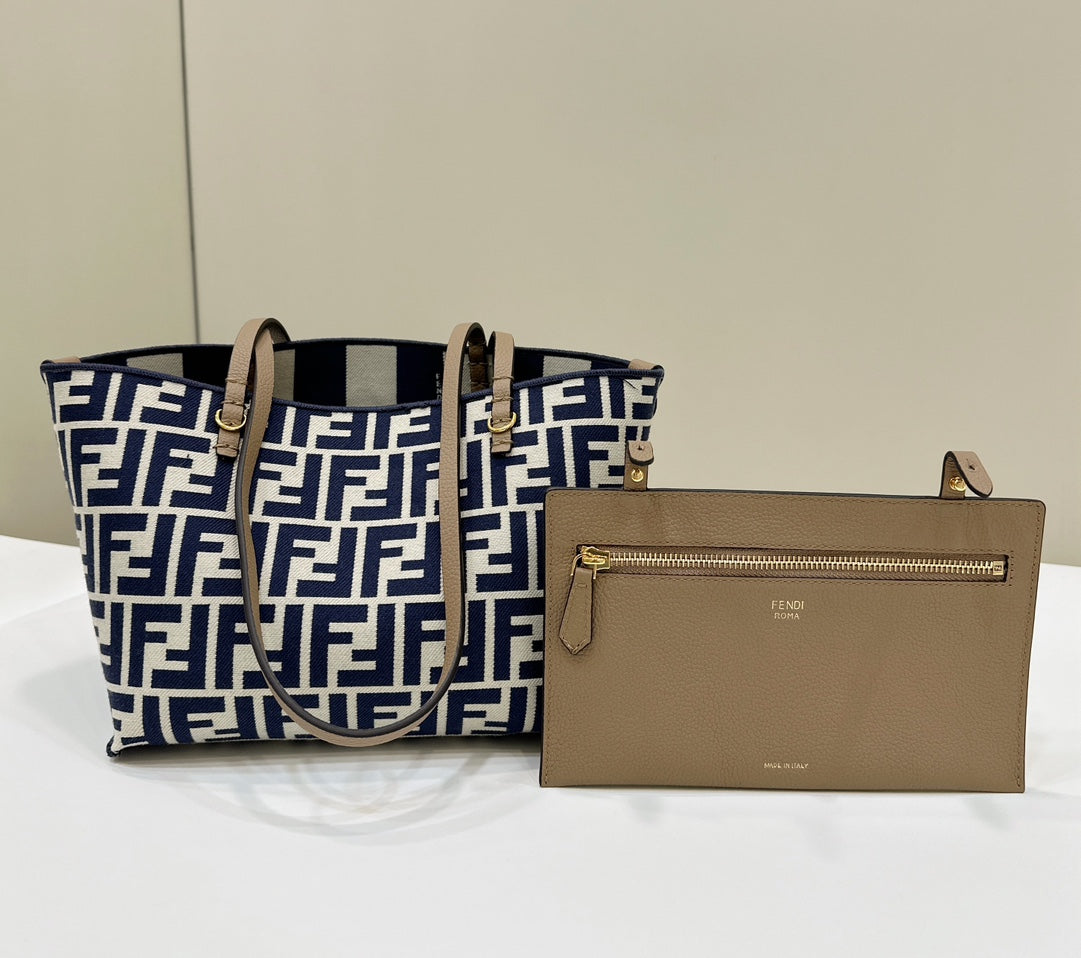 FENDI ROLL 22 TOTE BAG IN MIDNIGHT BLUE MIX WHITE CANVAS mysite
