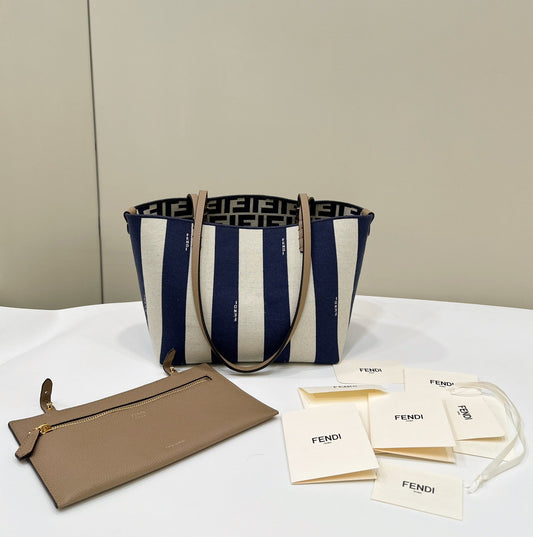 FENDI ROLL 22 TOTE BAG IN MIDNIGHT BLUE MIX WHITE CANVAS mysite