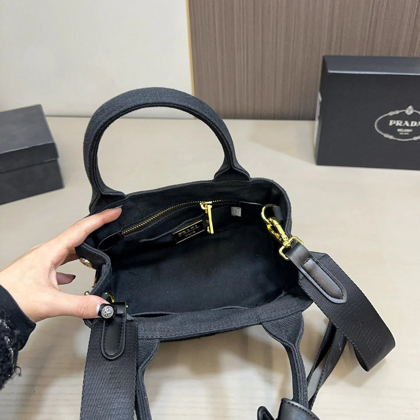 EMBOSSED LOGO MINI TOTE BAG 22 IN BLACK FABIC mysite