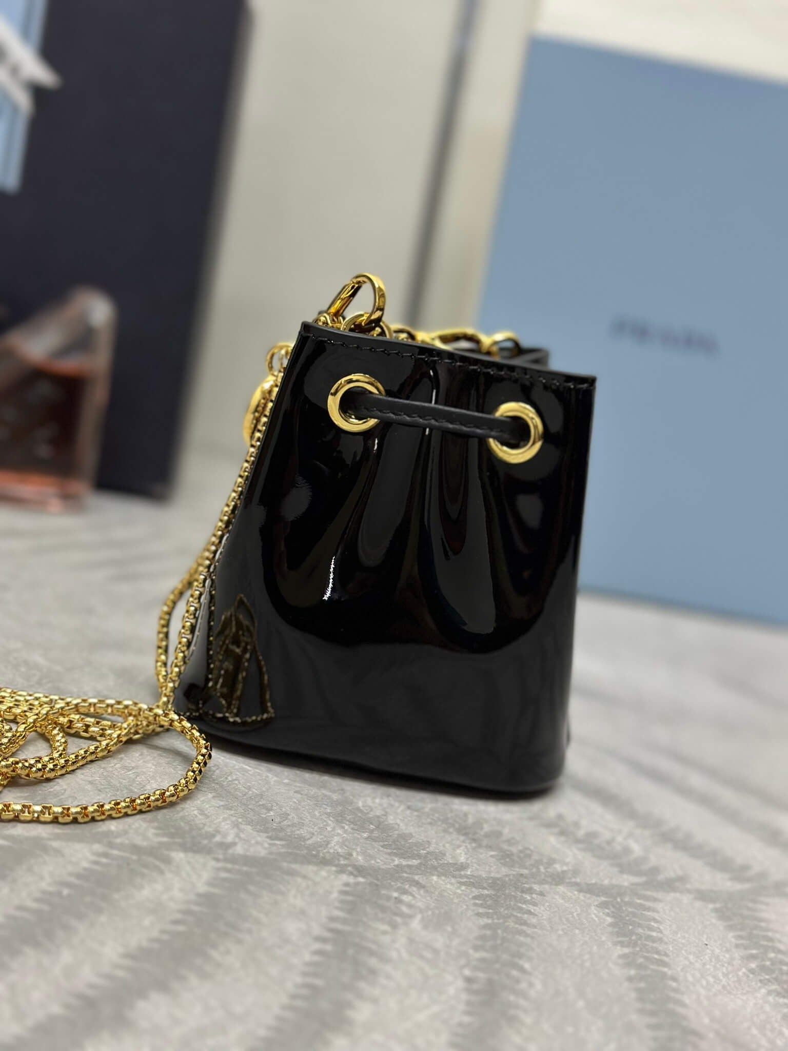 Prada Logo-Plaque Mini Bag Black Patent Leather GHW mysite