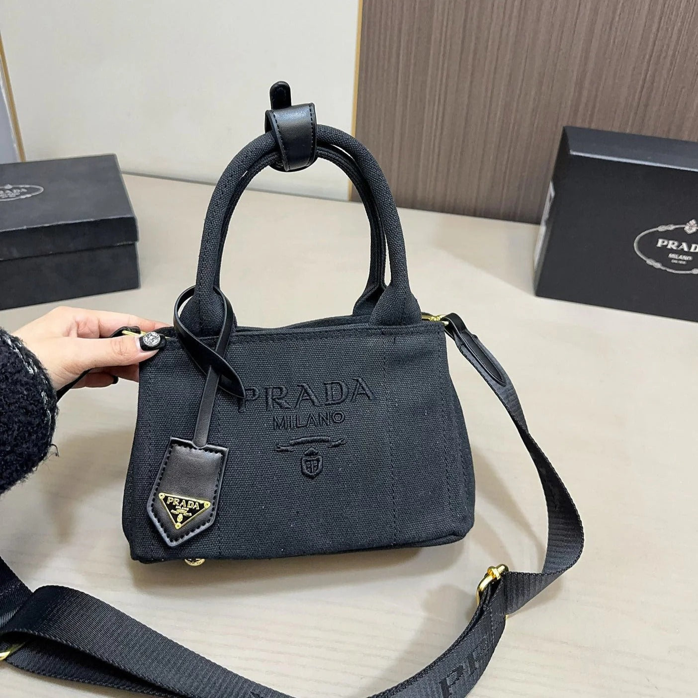 EMBOSSED LOGO MINI TOTE BAG 22 IN BLACK FABIC mysite