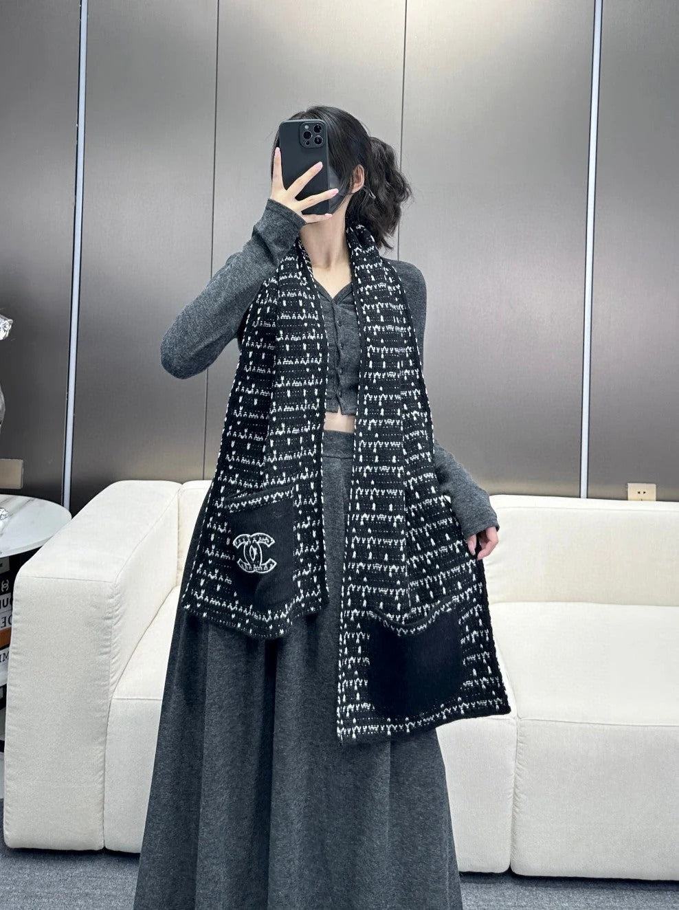 SCARF 180 CM IN BLACK MIX WHITE CASHMERE 403850 mysite