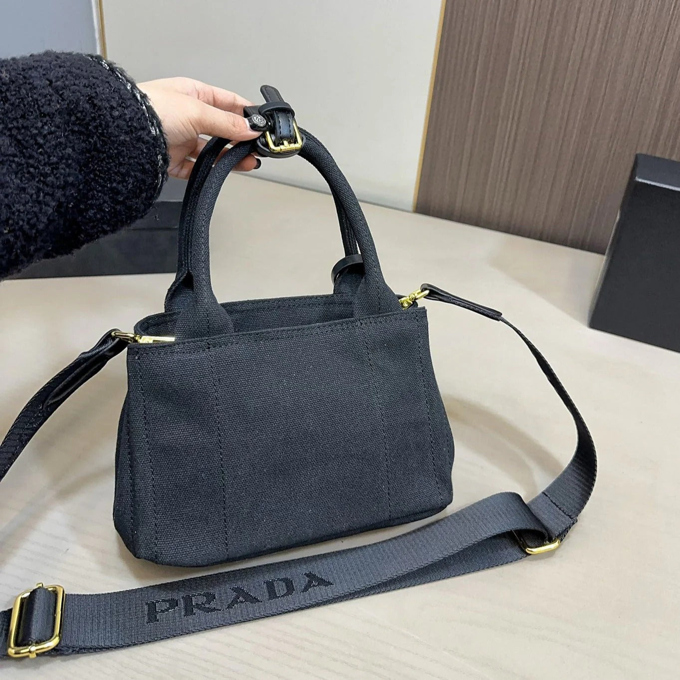 EMBOSSED LOGO MINI TOTE BAG 22 IN BLACK FABIC mysite