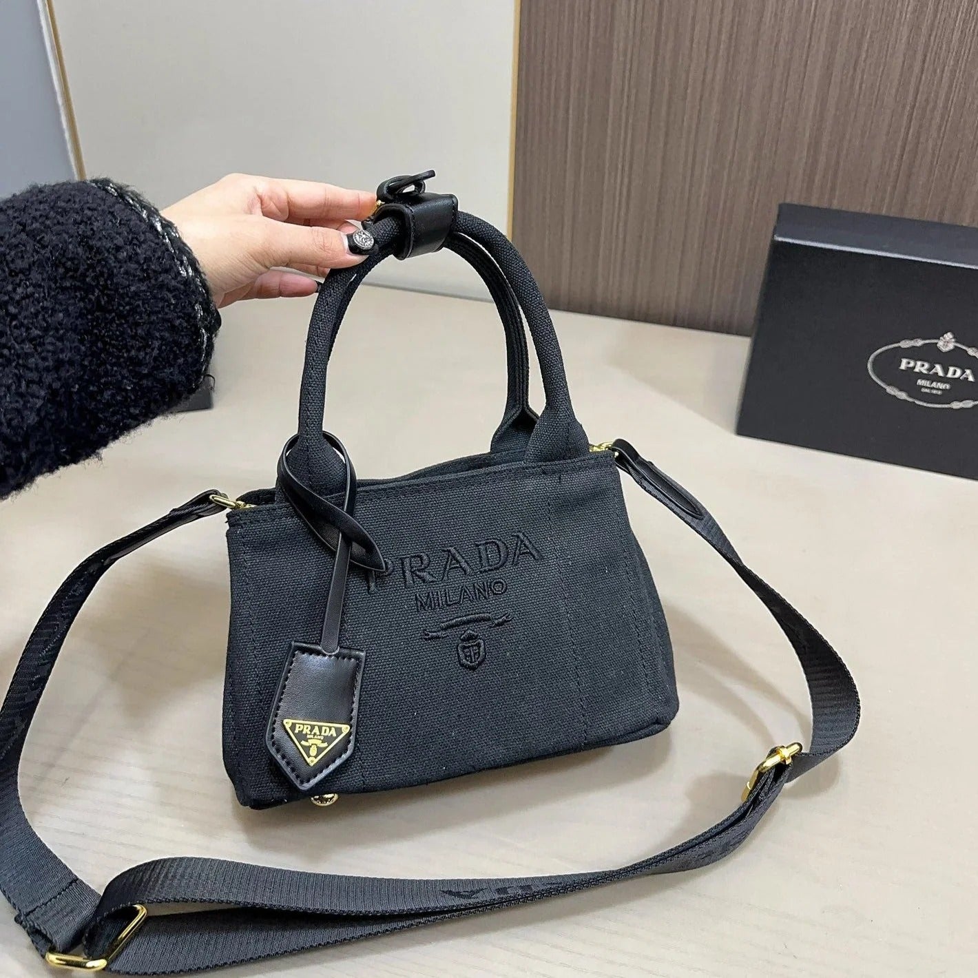 EMBOSSED LOGO MINI TOTE BAG 22 IN BLACK FABIC mysite