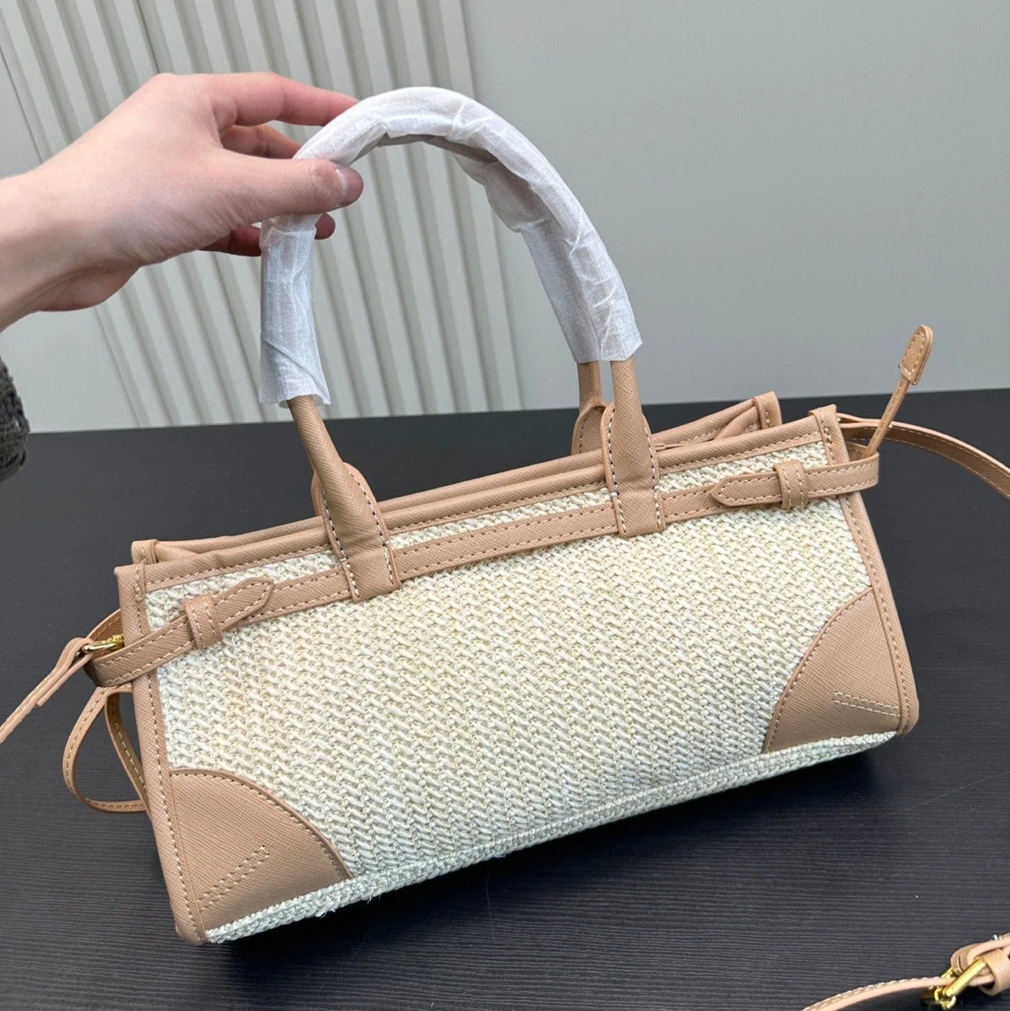 BONNIE SOFT LUX HANDBAG 32 IN BEIGE WOVEN RAFFIA WITH TAN CALFSKIN mysite