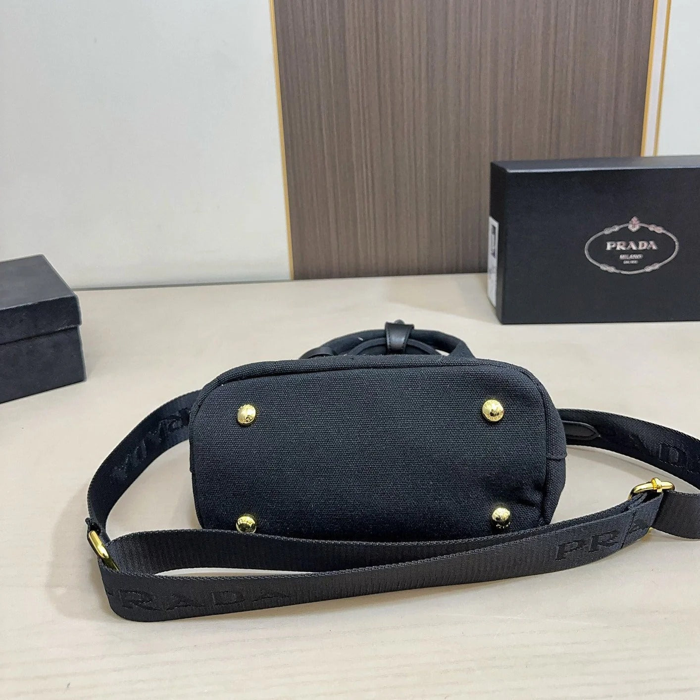 EMBOSSED LOGO MINI TOTE BAG 22 IN BLACK FABIC mysite